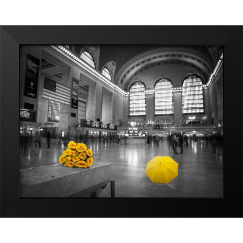 Bunch of yellow roses and umbrella in Grand Central Terminal, New York Black Modern Wood Framed Art Print by Frank, Assaf