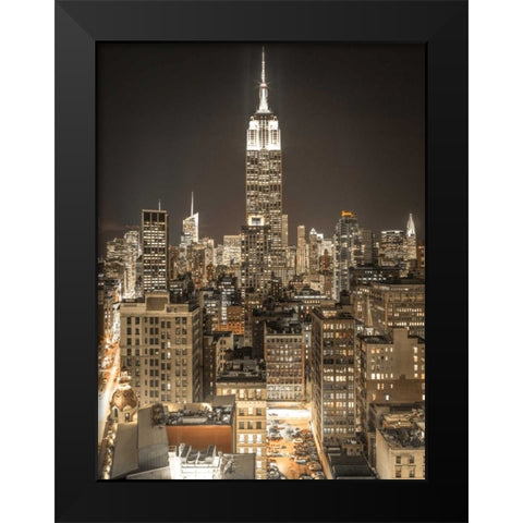 Illuminated Manhattan skyline at twilight - New York City Black Modern Wood Framed Art Print by Frank, Assaf