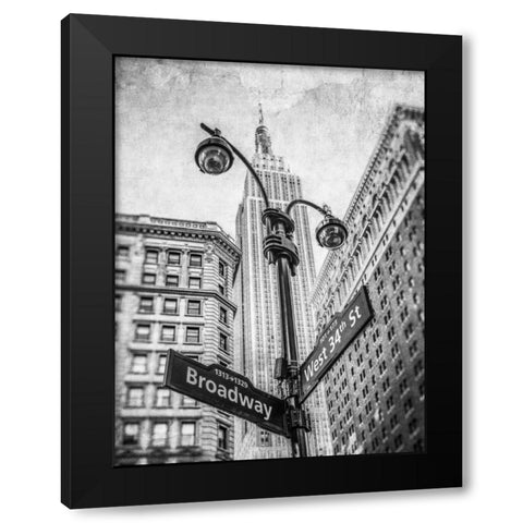 Street lamp and street signs with Empire State building in background - New York Black Modern Wood Framed Art Print with Double Matting by Frank, Assaf