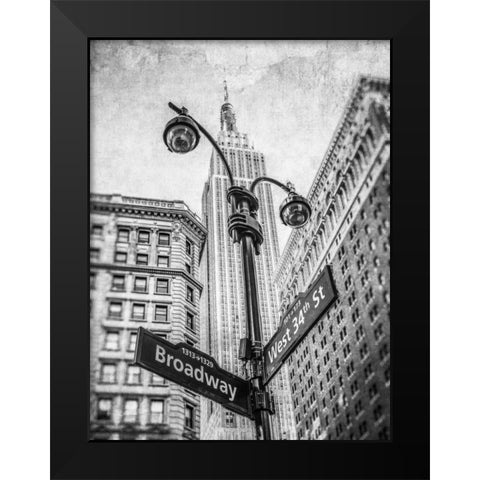 Street lamp and street signs with Empire State building in background - New York Black Modern Wood Framed Art Print by Frank, Assaf