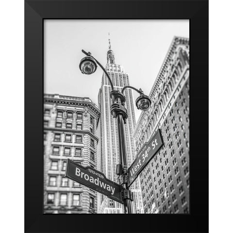 Street lamp and street signs with Empire State building in background - New York Black Modern Wood Framed Art Print by Frank, Assaf