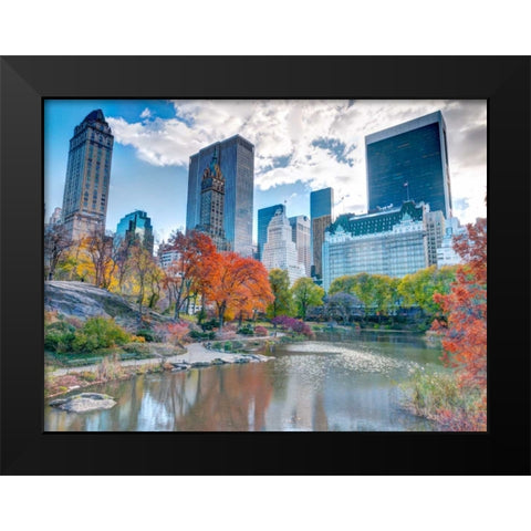 Pond at Central Park with Manhattan skyline, New York Black Modern Wood Framed Art Print by Frank, Assaf