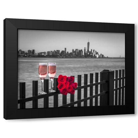 Glasses of Champagne with bunch of roses on railing against Lower Manhattan skylne, New York Black Modern Wood Framed Art Print by Frank, Assaf