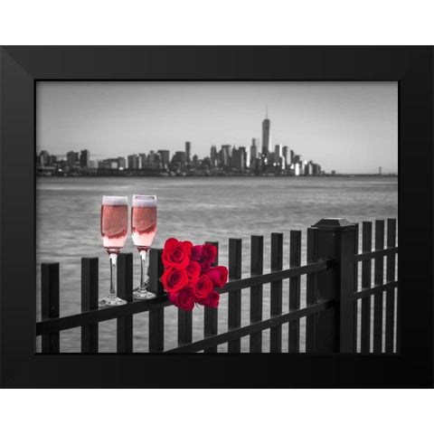 Glasses of Champagne with bunch of roses on railing against Lower Manhattan skylne, New York Black Modern Wood Framed Art Print by Frank, Assaf