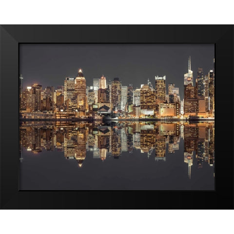 Illuminated Manhattan skyline at twilight - New York City Black Modern Wood Framed Art Print by Frank, Assaf