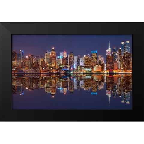 Illuminated Manhattan skyline at twilight - New York City Black Modern Wood Framed Art Print by Frank, Assaf