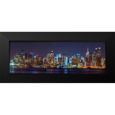 Illuminated Manhattan skyline at twilight - New York City Black Modern Wood Framed Art Print by Frank, Assaf