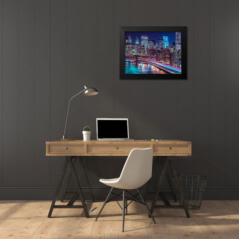 Strip lights on streets of Manhattan by east river, New York Black Modern Wood Framed Art Print by Frank, Assaf