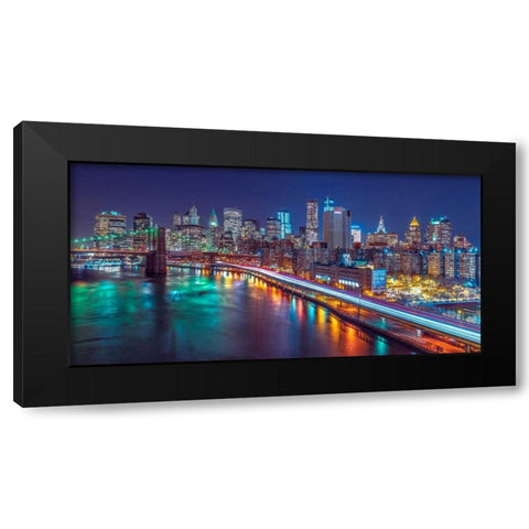 Strip lights on streets of Manhattan by east river, New York Black Modern Wood Framed Art Print with Double Matting by Frank, Assaf