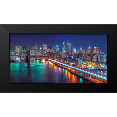 Strip lights on streets of Manhattan by east river, New York Black Modern Wood Framed Art Print by Frank, Assaf