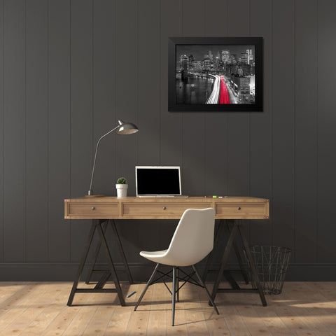 Strip lights on streets of Manhattan by east river, New York Black Modern Wood Framed Art Print by Frank, Assaf