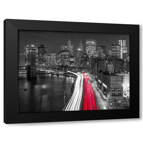 Strip lights on streets of Manhattan by east river, New York Black Modern Wood Framed Art Print with Double Matting by Frank, Assaf
