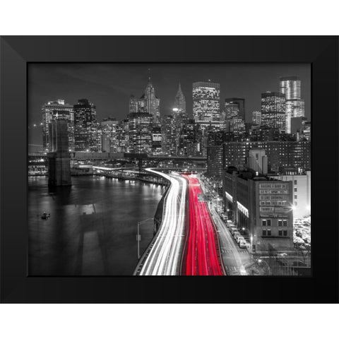 Strip lights on streets of Manhattan by east river, New York Black Modern Wood Framed Art Print by Frank, Assaf