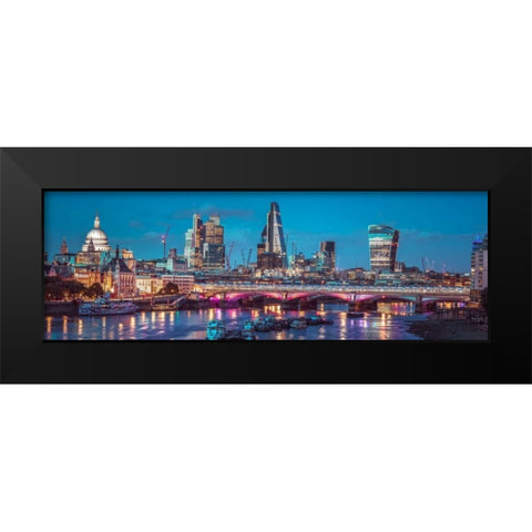 Evening view of Blackfriars Bridge over River Thames with London skyline, FTBR-1853 Black Modern Wood Framed Art Print by Frank, Assaf