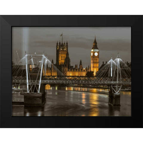 Evening view of Golden Jubilee over River Thames with Westminster Abby Black Modern Wood Framed Art Print by Frank, Assaf