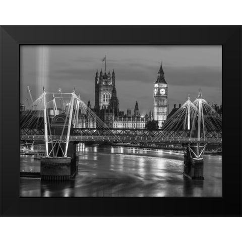 Evening view of Golden Jubilee over River Thames with Westminster Abby Black Modern Wood Framed Art Print by Frank, Assaf