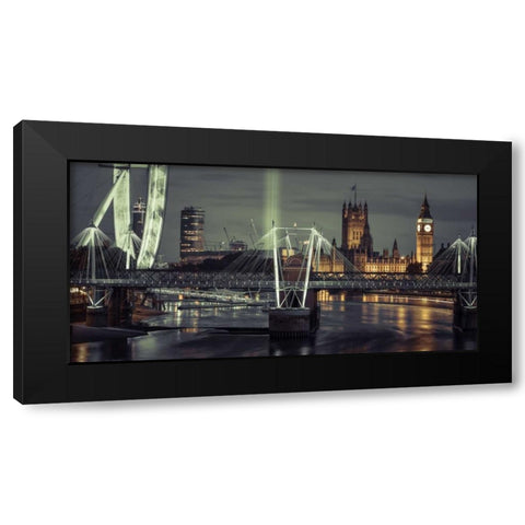Night view of the London Eye, Golden Jubilee bridge and Westminster, London, UK Black Modern Wood Framed Art Print with Double Matting by Frank, Assaf