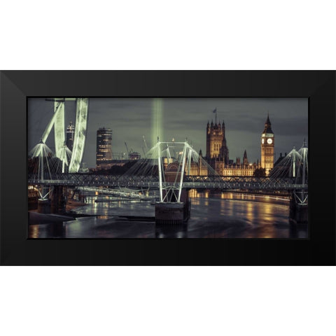 Night view of the London Eye, Golden Jubilee bridge and Westminster, London, UK Black Modern Wood Framed Art Print by Frank, Assaf