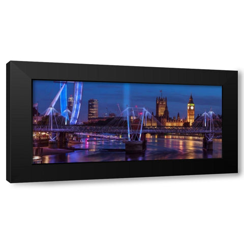 Night view of the London Eye, Golden Jubilee bridge and Westminster, London, UK Black Modern Wood Framed Art Print with Double Matting by Frank, Assaf