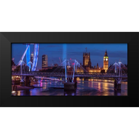 Night view of the London Eye, Golden Jubilee bridge and Westminster, London, UK Black Modern Wood Framed Art Print by Frank, Assaf
