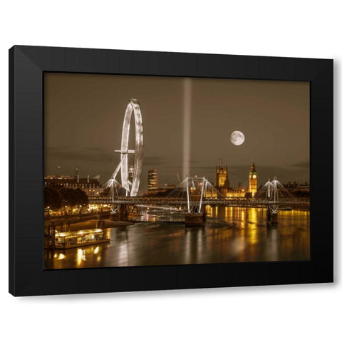 Night view of the London Eye, Golden Jubilee bridge and Westminster, London, UK Black Modern Wood Framed Art Print with Double Matting by Frank, Assaf