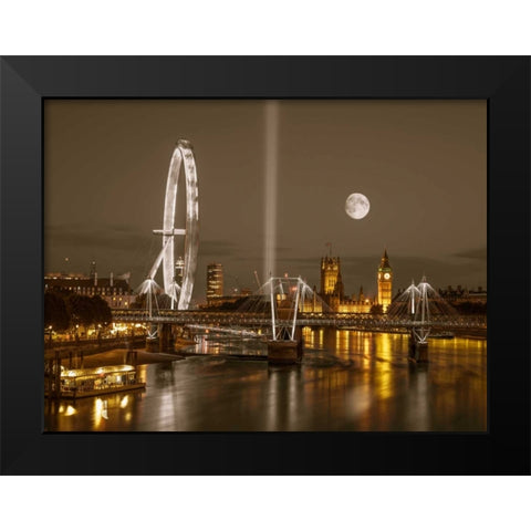 Night view of the London Eye, Golden Jubilee bridge and Westminster, London, UK Black Modern Wood Framed Art Print by Frank, Assaf