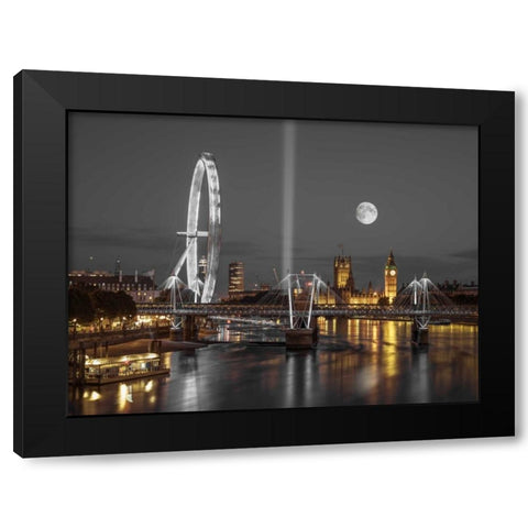 Night view of the London Eye, Golden Jubilee bridge and Westminster, London, UK Black Modern Wood Framed Art Print with Double Matting by Frank, Assaf