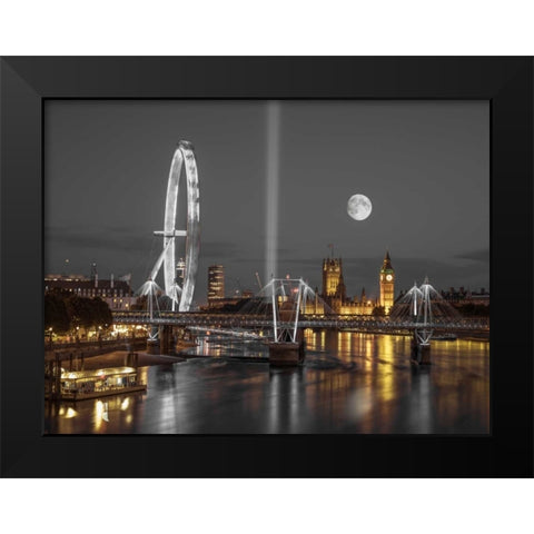 Night view of the London Eye, Golden Jubilee bridge and Westminster, London, UK Black Modern Wood Framed Art Print by Frank, Assaf