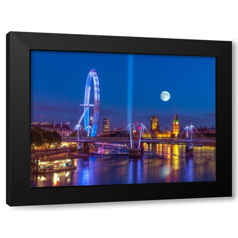 Night view of the London Eye, Golden Jubilee bridge and Westminster, London, UK Black Modern Wood Framed Art Print with Double Matting by Frank, Assaf