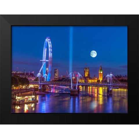 Night view of the London Eye, Golden Jubilee bridge and Westminster, London, UK Black Modern Wood Framed Art Print by Frank, Assaf