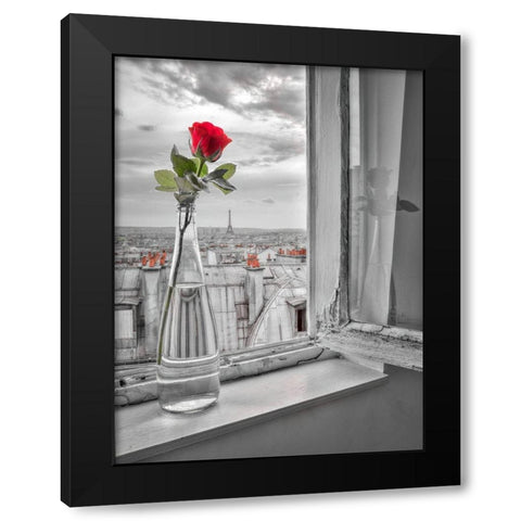 Flower vase on window with Eiffle tower in background-Paris Black Modern Wood Framed Art Print with Double Matting by Frank, Assaf