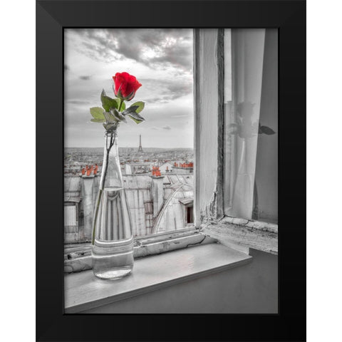 Flower vase on window with Eiffle tower in background-Paris Black Modern Wood Framed Art Print by Frank, Assaf