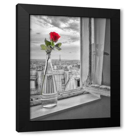 Flower vase on window with Eiffle tower in background, Paris Black Modern Wood Framed Art Print with Double Matting by Frank, Assaf