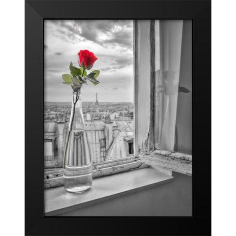 Flower vase on window with Eiffle tower in background, Paris Black Modern Wood Framed Art Print by Frank, Assaf