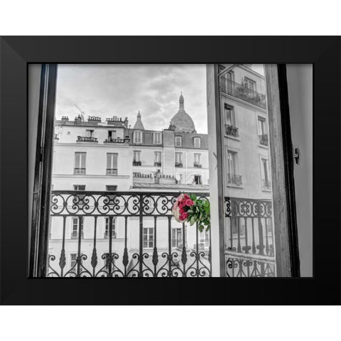 Bunch of flowers on balcony railing in an apartment of Montmartre, Paris, France Black Modern Wood Framed Art Print by Frank, Assaf