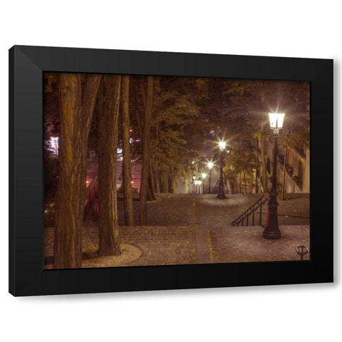 Street lights on steep stairs in city of Montmartre, Paris Black Modern Wood Framed Art Print with Double Matting by Frank, Assaf