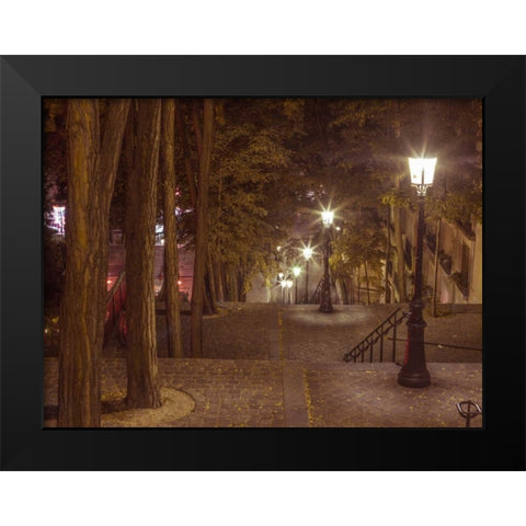 Street lights on steep stairs in city of Montmartre, Paris Black Modern Wood Framed Art Print by Frank, Assaf