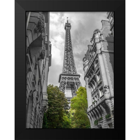 View of Eiffel Tower from a narrow street in Paris, France Black Modern Wood Framed Art Print by Frank, Assaf