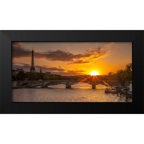 View of the Eiffel Tower with a bridge in the foreground during sunset, Paris, France Black Modern Wood Framed Art Print by Frank, Assaf
