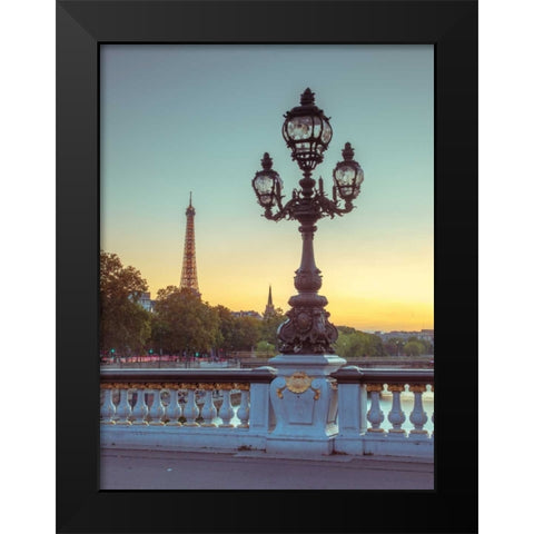 Street light on a bridge with Eiffel Tower in bakcground, Paris, France Black Modern Wood Framed Art Print by Frank, Assaf