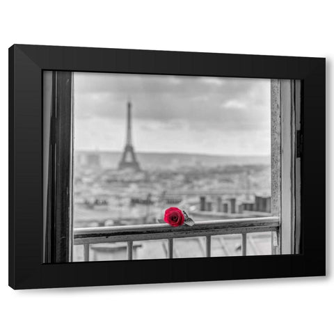 Rose on balcony railing with Eiffel Tower in background, Paris, France Black Modern Wood Framed Art Print by Frank, Assaf