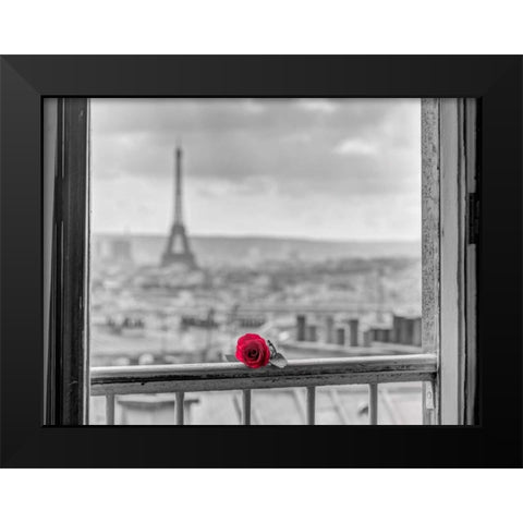 Rose on balcony railing with Eiffel Tower in background, Paris, France Black Modern Wood Framed Art Print by Frank, Assaf