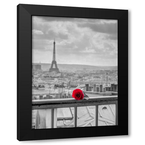 Rose on balcony railing with Eiffel Tower in background, Paris, France Black Modern Wood Framed Art Print by Frank, Assaf