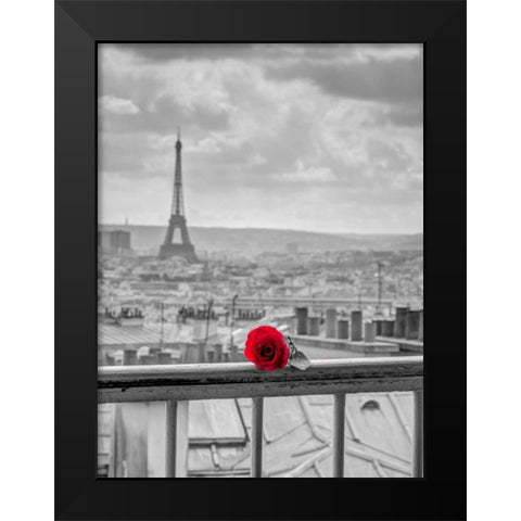 Rose on balcony railing with Eiffel Tower in background, Paris, France Black Modern Wood Framed Art Print by Frank, Assaf