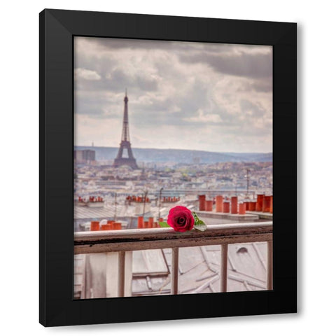 Rose on balcony railing with Eiffel Tower in background, Paris, France Black Modern Wood Framed Art Print by Frank, Assaf