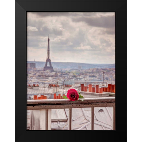Rose on balcony railing with Eiffel Tower in background, Paris, France Black Modern Wood Framed Art Print by Frank, Assaf
