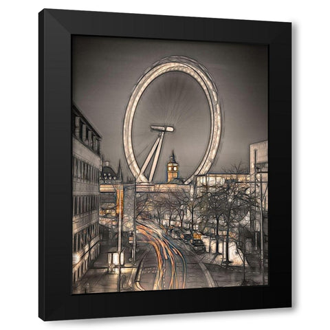 Night shot of London street with Millennium wheel in background Black Modern Wood Framed Art Print with Double Matting by Frank, Assaf