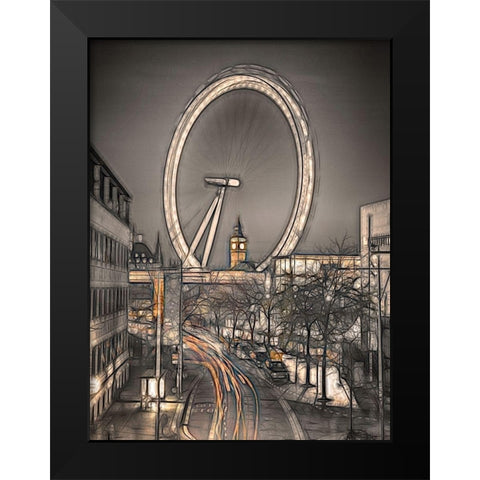 Night shot of London street with Millennium wheel in background Black Modern Wood Framed Art Print by Frank, Assaf