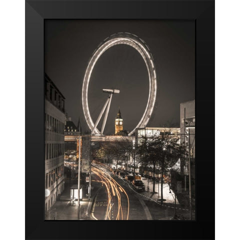 Night shot of London street with Millennium wheel in background Black Modern Wood Framed Art Print by Frank, Assaf