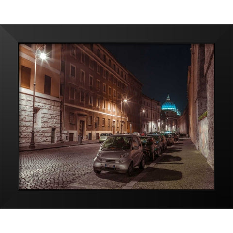 Vehicles parked on narrow city streets of Rome, Italy Black Modern Wood Framed Art Print by Frank, Assaf